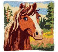 WallustrioaW Latch Hook Cushion Kit Pre Printed,Animal Brown Horse,Handmade Cushion Crochet Yarn Embroidery for Adults Kids, Beginners,Birthday Gift,43x43cm