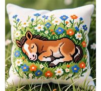 WallustrioaW Latch Hook Cushion Kits,Pony Sleeping in The Flowers,Sofa Cushion Cover Cushion Embroidery Craft Kit for Beginners,Printed Canvas Creativity Crochet Gift,43x43cm