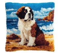 WallustrioaW Latch Hook Cushion Kits,Saint Bernard Dogs on The Beach,Latch Hook Pillow Case Kits Embroidery Carpet Set DIY Needlework,17x17in