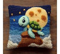 WallustrioaW Latch Hook Cushion Kits,The Little Turtle on the Moon,Latch Hook Pillow Case Kits Embroidery Carpet Set,DIY Needlework Sofa Cushion,17x17in