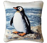WallustrioaW Latch Hook Kit Cushion for Adults,Animal Penguin,DIY Craft Latch Hook Rug Kits Embroidery Latch Hook Pillow Cover Kit for Christmas/Gifts,17x17inch