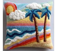 WallustrioaW Latch Hook Kit Cushion for Adults,Beach Tree 17X17 Inch, Pre-Printed Craft Latch Hook Rug Kits Cross-Stitch Embroidery Pillow Cover Kit