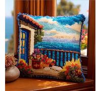 WallustrioaW Latch Hook Kit Cushion for Adults,Seaside Scenery Outside The Window 17X17 Inch, Pre-Printed Craft Latch Hook Rug Kits Cross-Stitch Embroidery Pillow Cover Kit