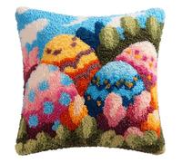 WallustrioaW Latch Hook Kit,Easter Eggs in the Flower Bushes,Latch Hook Kits Pillow for Adults Embroidery Pattern Printed Canvas Creativity Crochet Gift,17x17in