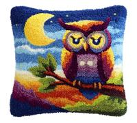 WallustrioaW Latch Hook Kit for Beginners,Moonlit Night View,Animal owl,Cushion Cover Making Kit,Embroidery Pillowcase Latch Craft for Adults,17x17in