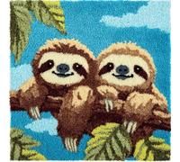WallustrioaW Latch Hook Kit for Cushion Making,Two Adorable Sloths,Complete DIY Craft Kit with Yarn, Hook Tool & Guide,Stress Relief Art Project for Adults/Teens,17x17in
