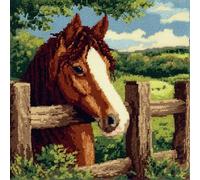 WallustrioaW Latch Hook Kit,Horses on the Farm,Latch Hook Kits Pillow for Adults Embroidery Pattern Printed Canvas Creativity Crochet Gift,17x17in