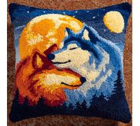 WallustrioaW Latch Hook Kits for Adults 17x17in,Two Wolves DIY Latch Hook Pillow Kit Pre-Printed Cross-Stitch Embroidery Cushion for Home Sofa Decoration