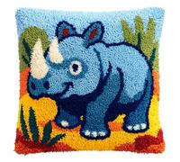 WallustrioaW Latch Hook Kits for Adults,Beginners,Cartoon Animal Rhinoceros,DIY Pillow Kit Pre-Printed Cross-Stitch Cushion Cover for Home Sofa Decor Gift Idea,17x17inch