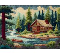 WallustrioaW Latch Hook Kits for Adults,Lakeside Cabin in The Forest,DIY Handmade Carpet Embroidery Set Beginners,Home Carpet Rug Making Kit,60x90cm