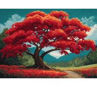 WallustrioaW Latch Hook Kits for Adults,Landscape,a Big Tree with red Maple Leaves,Rug Making Kit DIY Craft Latch Hook Rug Set Tapestry Cushion Pre-Printed Patterns,55x75cm