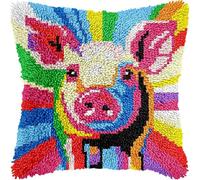WallustrioaW Latch Hook Kits Latch Hook Cushion Kits A Colorful Animal Pig,DIY Latch Hook Kits Pillow Printed Cushion Embroidery Needlework Craft Embroidery Kit,17x17inch
