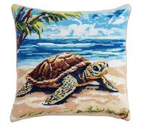 WallustrioaW Latch Hook Kits Latch Hook Cushion Kits Animal Turtle on the Beach,DIY Latch Hook Kits Pillow Printed Cushion Embroidery Needlework Craft Embroidery Kit,17x17inch