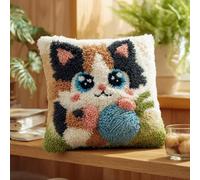 WallustrioaW Latch Hook Kits Pillow Cat Crochet Yarn Cushion Colour Pre-Printed Canvas Rug Needlework DIY Pillowcase Hook and Latch Kit Home Arts Crafts Sofa Decoration 43X43Cm/17X17 Inch