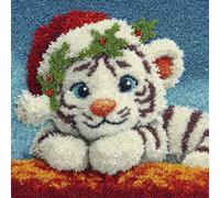WallustrioaW Latch Hook Kits Pillow for Adults,A Little White Tiger Wearing a Santa hat,Pre-Printed Patterns Pillowcase Needlework Crochet Yarns Latch Hooking Cushion for Sofa Decor,17x17in