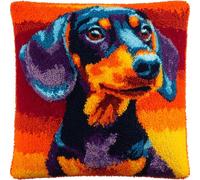 WallustrioaW Latch Hook Kits Pillowcase Embroidery Kit,Animal Dogs,Colorful Dachshunds,Latch Hook Cushion Cover for Adults and Beginners,Pillow Cover Sofa Cushion Craft,43x43cm