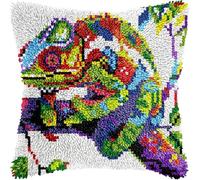 WallustrioaW Latch Hook Pillow Case Embroidery Kits,Animal Colored Lizard,DIY Needlework Latch Hook Cushion Cover Kits for Kids & Adults Beginners,Sofa Cushion Cover,17x17inch