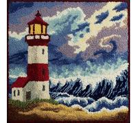 WallustrioaW Latch Hook Pillow Case Embroidery Kits,Lighthouse on The Seaside,Needlework Latch Hook Cushion Cover,DIY Home Decorations Handmade Craft Kits,17x17inch