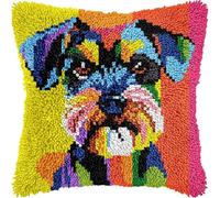 WallustrioaW Latch Hook Pillow Case Kits Animal Dog,a Colorful Schnauzer,DIY Latch Hook Cushion Kits,Cross Stitch Embroidery Kits Cushion Making Kits Home Decor,17x17inch