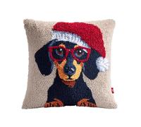WallustrioaW Latch Hook Pillow Case Kits,Dachshund Wearing a Santa hat,Embroidery Kits DIY Latch Hook for Aadults Cross Stitch Cushion,17x17in