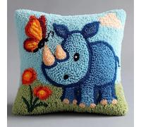 WallustrioaW Latch Hook Pillow Case Kits,Rhinoceros and Butterfly 17X17 Inch Latch Hook Cushion Cover Kit,Knitting Kits Cushion for Adults Rug Making Kit for Starters