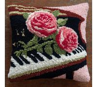 WallustrioaW Latch Hook Pillow Case Kits,Roses On The Piano 17X17 Inch Latch Hook Cushion Cover Kit,Knitting Kits Cushion for Adults Rug Making Kit for Starters
