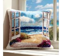 WallustrioaW Latch Hook Pillow Case Kits,Seaside Scenery Outside The Window 17X17 Inch Latch Hook Cushion Cover Kit,Knitting Kits Cushion for Adults Rug Making Kit for Starters