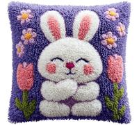 WallustrioaW Latch Hook Pillow Cover Kit,Lavender and Rabbit,Cross Stitch Cushion Covers Kits DIY Craft Needlework Latch Hook for Kids Adults,43x43cm