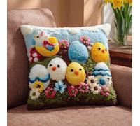 WallustrioaW Latch Hook Pillow Cover Kits,Easter Eggs and Flowers Latch Hook Cushion Kit 17x17Inch,Cross Stitch Embroidery Cushion for Adults and Beginners,43x43cm