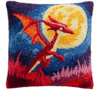 WallustrioaW Latch Hook Pillow Cover Making Kit 43x43cm,Red Dragon Under the Moon Complete DIY Cushion Making Craft Kits with Yarn & Canvas and Crochet Needle,Adult Craft Home Decor for Women