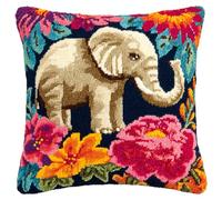 WallustrioaW Latch Hook Pillow Kits Pillow Cover,Elephant in The Flower Garden,Pattern Printed Cross Stich Hooking Pillowcase Cushion Crafts Embroidery Home Decor Kits,17x17in