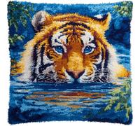 WallustrioaW Latch Hook Pillow Kits Pillow Cover,Tiger in The Water,Pattern Printed Cross Stich Hooking Pillowcase Cushion Crafts Embroidery Home Decor Kits,17x17in