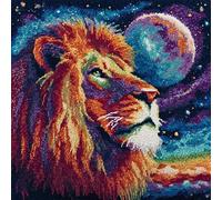 WallustrioaW Latch Hook Pillowcase Kits,Lion Under The Starry Sky,Needlework DIY Cushion Cover Hook and Latch Kit Christmas Home Crafts Sofa Decoration,17x17in