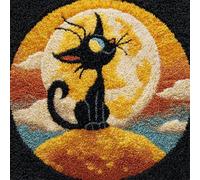WallustrioaW Latch Hook Rug Kits for Adults,Cat on The Moon,Crochet Kits for Beginners,DIY Cross Stitch Cushion Craft with Yarn and Crochet Hook,50x50cm