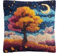 WallustrioaW Night View Latch Hook Cushion Kits for Adults,Four Seasons Tree Under The Starry Sky,Latch Hook Pillow Case Kits 17x17Inch,DIY Needlework Pillow Cover Sofa Cushion,43x43cm