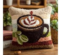 WallustrioaW Pre Printed Latch Hook Kits for Adults Beginners,Cartoon Coffee Cup,DIY Needlework Pillow Cover Cushion Making Kit for Christmas Birthday Gift,43x43cm