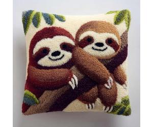 WallustrioaW Pre Printed Latch Hook Kits for Adults Beginners,Two Adorable Sloths,DIY Needlework Pillow Cover Cushion Making Kit for Christmas Birthday Gift,43x43cm