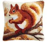 WallustrioaW Pre Printed Pattern DIY Latch Hook Kits,Squirrel on the Branch 43x43cm Cross Stitch Sofa Cushion Cover,3D Pillow Latch Hook Embroidery Kits Adults