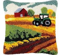 WallustrioaW Rural Farm Landscape DIY Latch Hook Kit Cushion,Farmhouse and Tractor,Cover Latch Hook Pillow Adults Embroidery Craft Set with Printed Canvas,43x43cm