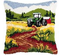 WallustrioaW Rural Farm Landscape Latch Hook Pillow Case Embroidery Kits,Farmhouse and Tractor,Needlework Latch Hook Cushion Cover,DIY Home Decorations Handmade Craft Kits,17x17inch