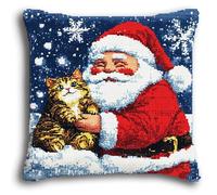 WallustrioaW Santa Claus and Animal Cats DIY Cushion Embroidery Kit,Christmas,Cross Stitch Cushion Cover Needlepoint Craft Cushion Kit pre Printed Handmade Cushion Cover Kit 18x18in