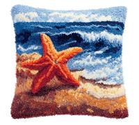 WallustrioaW Sea View Latch Hook Cushion Cover Kits for Adults,Starfish on The Beach,Crochet Kits for Beginners,DIY Cross Stitch Cushion,Embroidered Pillowcase,43x43cm