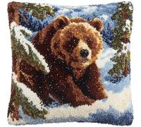WallustrioaW Snowy Forest Scene Latch Hook Kits for Adults,Beginners,Animal Brown Bear,Latch Hook Pillow Case Kits,DIY Cushion Cross Stitch Pillow Cover Home Decor,17x17in