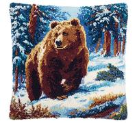 WallustrioaW Snowy Forest Scene Latch Hook Pillow Cover Kits,Animal Brown Bear,Latch Hook Cushion Kit 17x17Inch,Cross Stitch Embroidery Cushion for Adults and Beginners,43x43cm