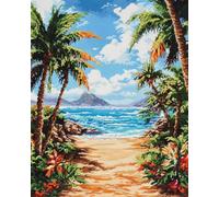 WallustrioaW Stamped Cross Stitch Kits for Adults Beginners,Tropical Beach Landscape,DIY Cross Stitch Patterns Crafts Embroidery Kits for Home Decor,40x50cm