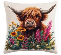 WallustrioaW Stamped Cross Stitch Pillow Kits,Highland Cattle in the Flowerbed 11CT Cross Stitch Cushion Cover Embroidery Kit Needlepoint Handmade Cushion for Home Decor 18x18inch