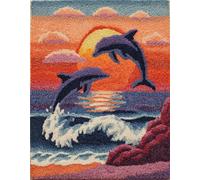 WallustrioaW Sunset Landscape DIY Latch Hook Kits-Pre Printed Pattern Rug,Two Dolphins Jumping Out of The sea,Latch Hook Rug Kits for Kids and Adults Beginner Home Decor Gifts,80x115cm