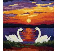 WallustrioaW Sunset Landscape Embroidery Latch Hook Pillow Cover Kit,Two White Swans in The Lake,Cross Stitch Cushion Covers DIY Craft Needlework Latch Hook Kits for Kids Adults,17x17inch