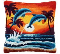 WallustrioaW Sunset Landscape Latch Hook Cushion Kit,Dolphin jumping out of the sea,Sofa Cushion Cover Latch Hook Craft 43x43cm,DIY Embroidery Pillow Cover, 17x17inch