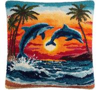 WallustrioaW Sunset Landscape Latch Hook Pillow Kit for Adults Kids,Dolphin jumping out of the sea,DIY Pillow Case Making Needlework Cushion Cover Hand Craft Crochet for Family,17x17inch
